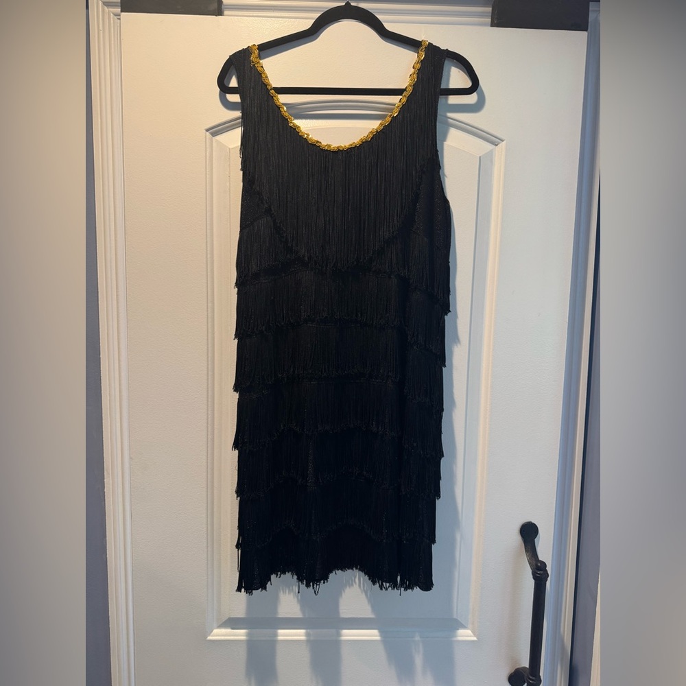 1920’s Flapper Dress - Gatsby Style Black Fringe & Gold Trim Flapper Dress